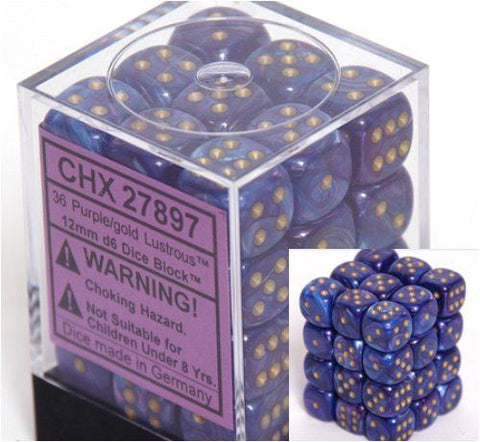 Chessex - D6 12mm 36-Die Block: Lustrous (Purple/Gold)