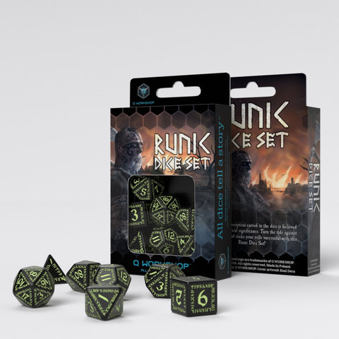 Q Workshop - 7pc RPG Dice Set: Runic Black & Glow-In-The-Dark
