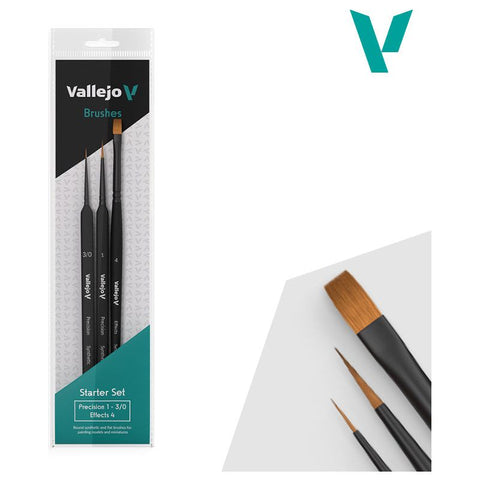 Vallejo Hobby Brushes: Precision Starter Set (Round No.1 & 3/0 Triangular Handle, Flat No.4, synthetics)